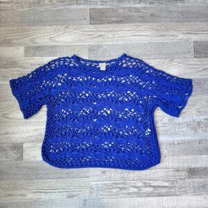 Chico's Royal Blue Open Weave Crochet Short Sleeve Sweater K1